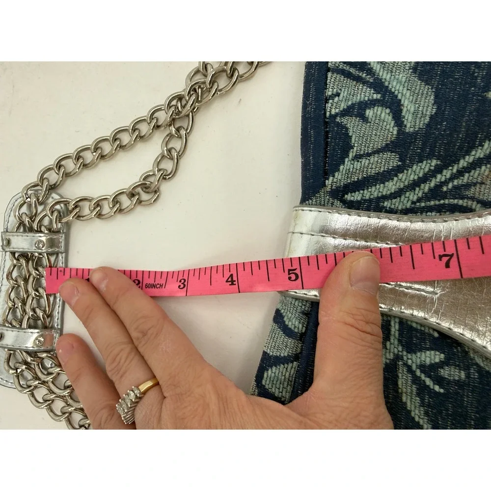 Lulu Beaded Floral Shoulder Bag Silver Leather Trim‎ Chain Strap Y2K Boho